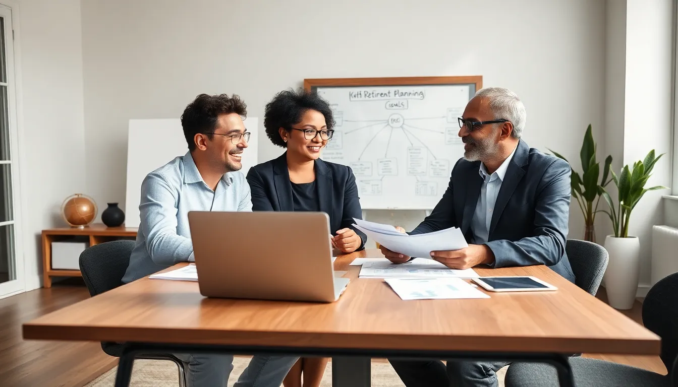 couple discussing retirement plans in a modern office setting.