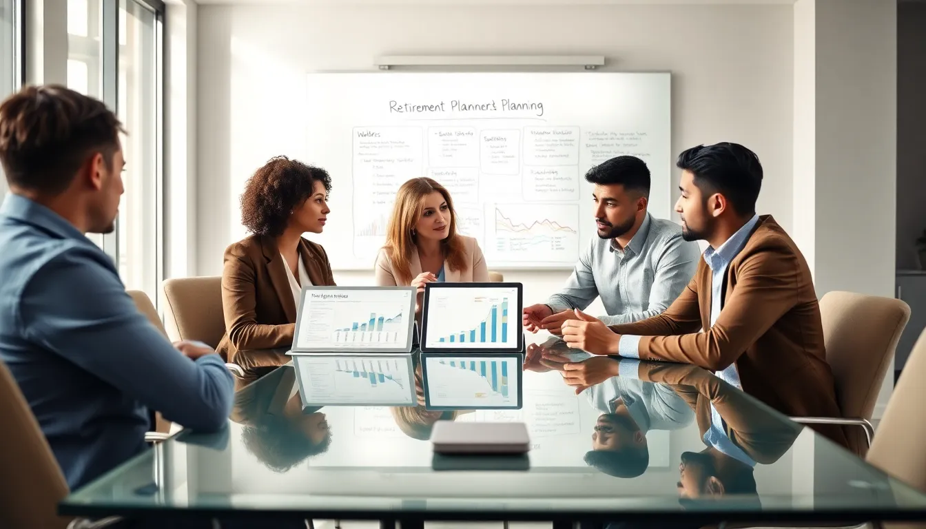 diverse financial planners collaborating on retirement strategies in a modern office.