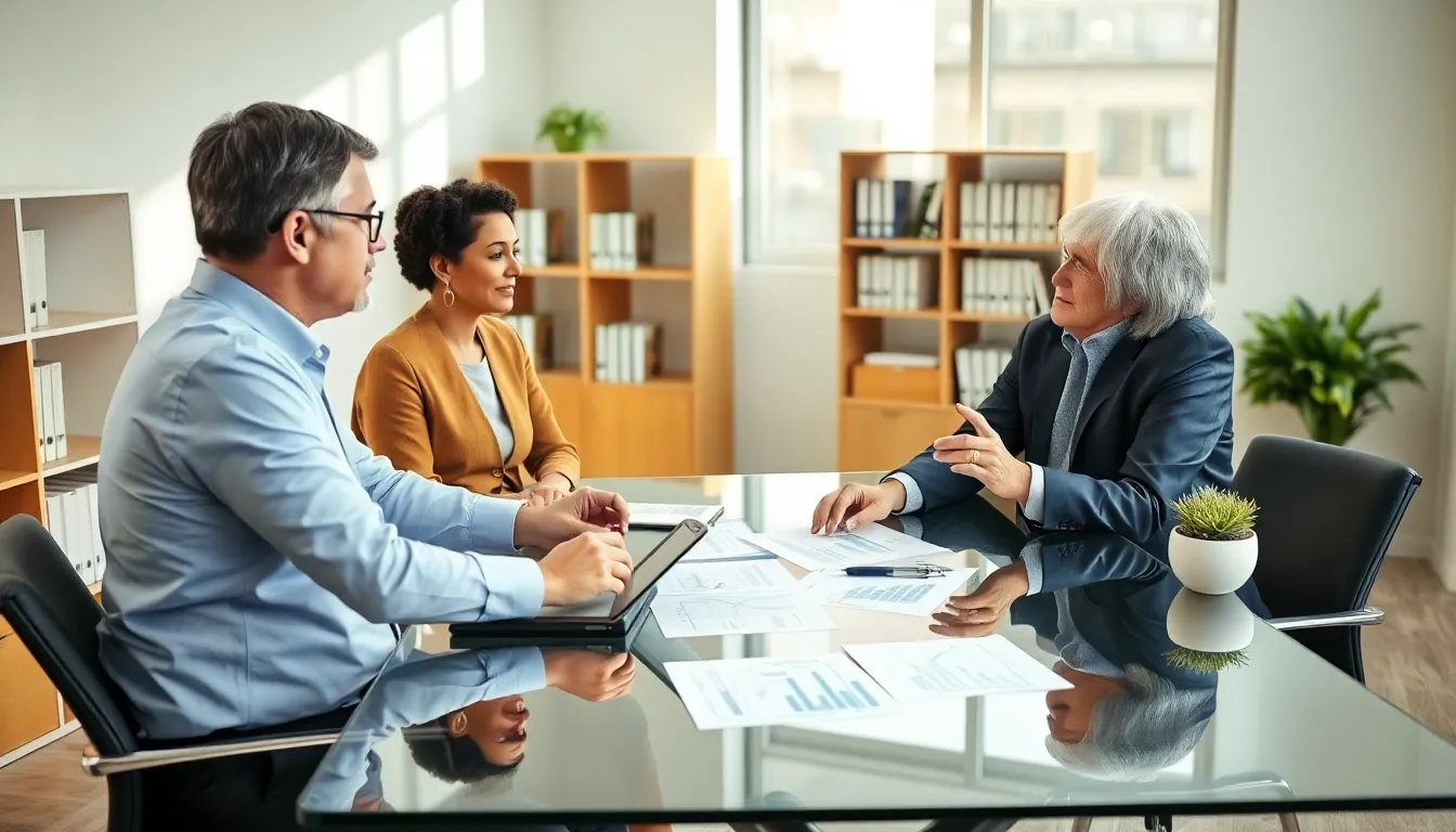 retirement planning specialist advising clients in a modern office.
