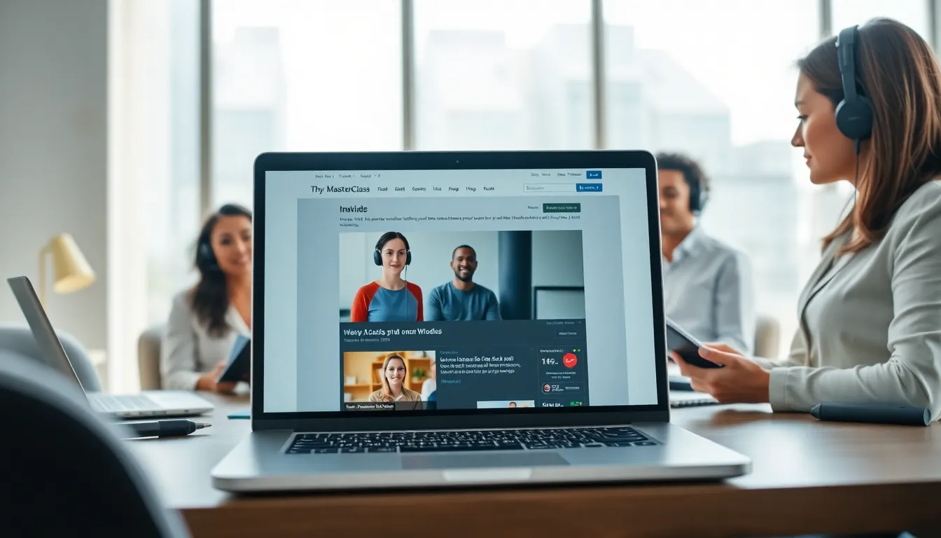 professionals engaged in an online MasterClass in a modern office.