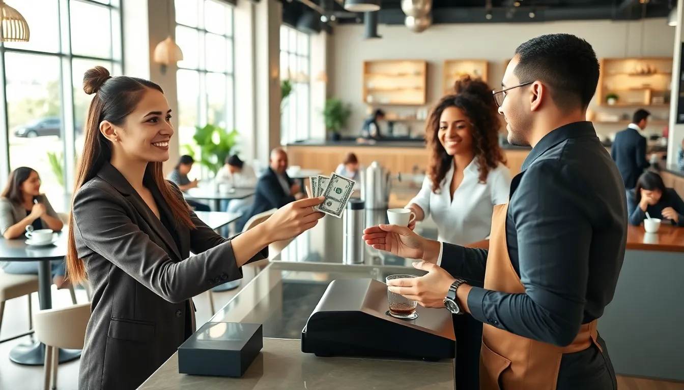 professionals exchanging money for coffee in a modern café.