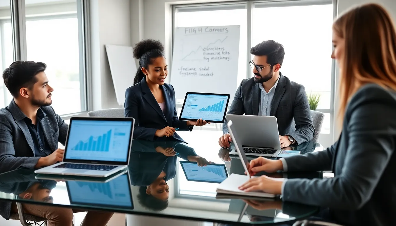 millennials discussing financial planning in a modern office.