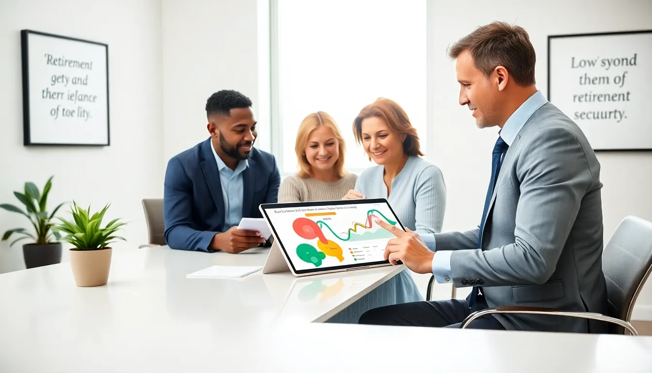 consultant discussing retirement planning with a diverse couple in an office setting.
