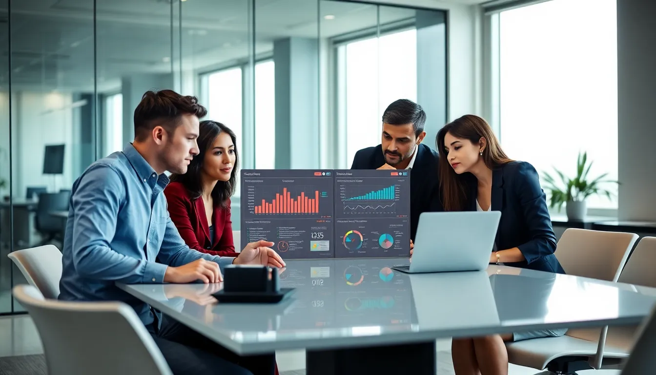 diverse team discussing data management in a modern office.